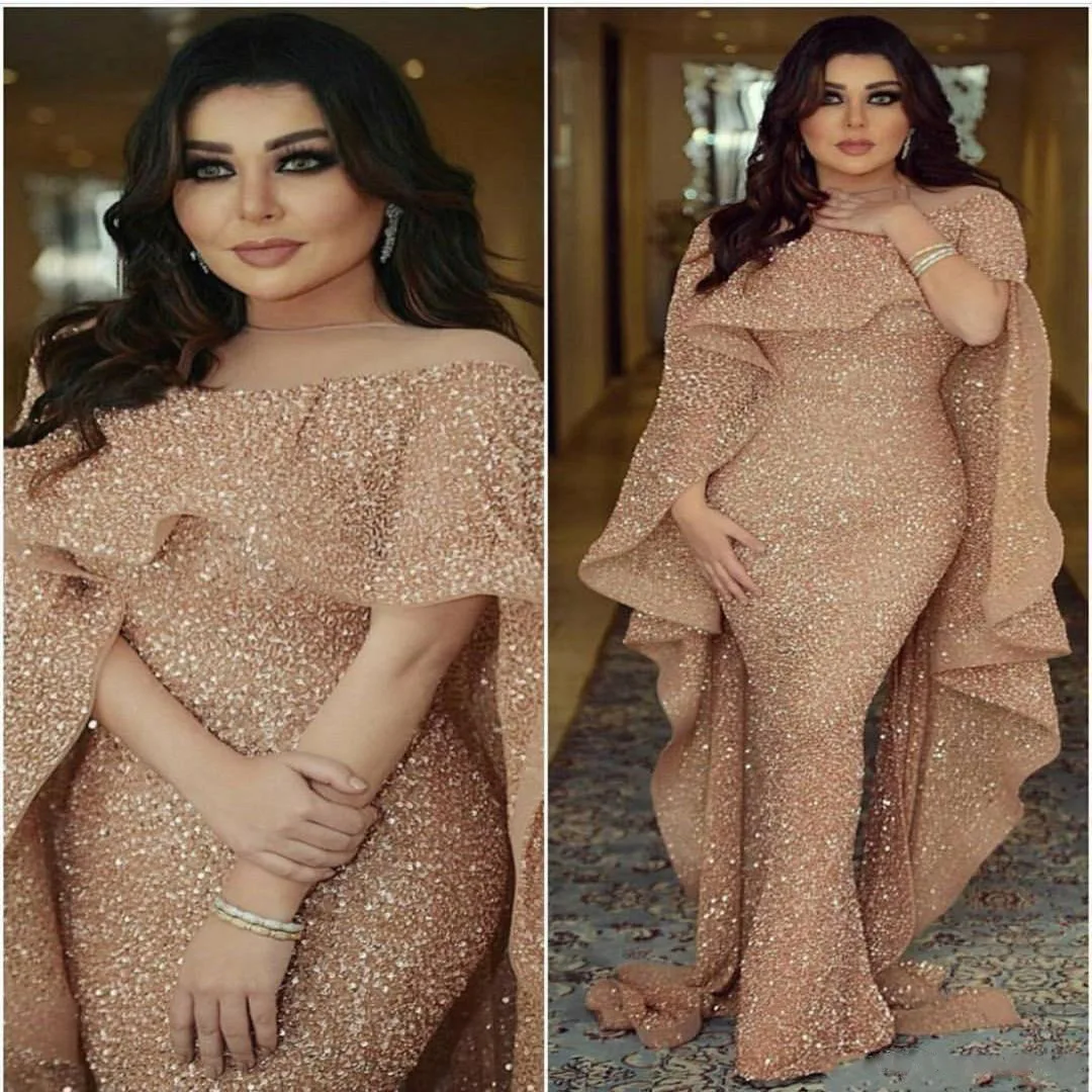 Bling Sequins Mermaid Prom Dresses Rose Gold Jewel Neck Floor Length Middle Eastern Arabic Evening Party Gowns