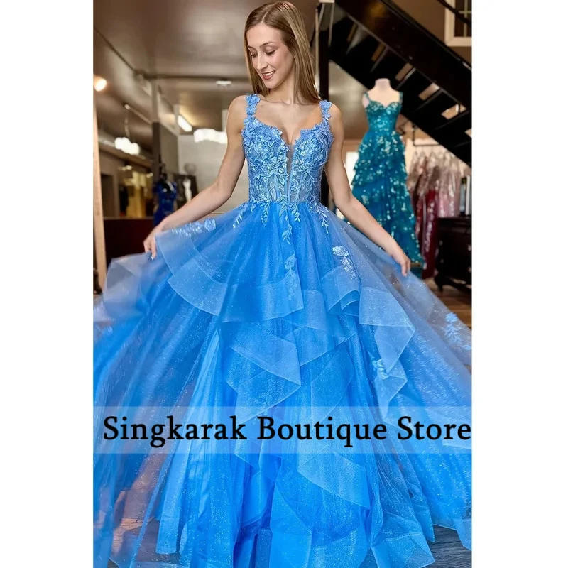 Customized Blue Spaghetti Strap Embroidered Prom Dresses Tiered Ruffle Glitter vestidos de noiva Sleeveless Formal Evening