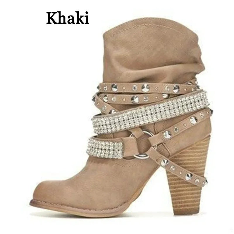 Autumn Winter New Women Mid-Calf Boots Rivet Metal Decoration PU Square Heel Belt Pleated Sexy Plus Size 36-43 Women Shoes