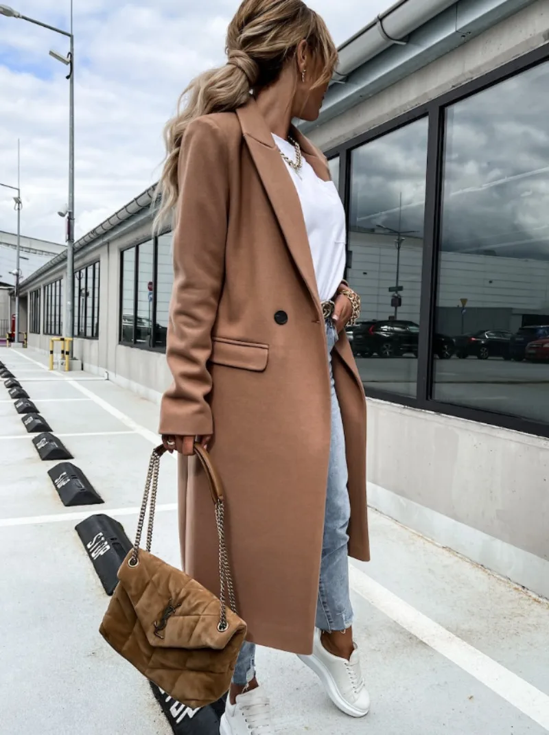 Autumn Winter Coat for Women Clothes Torch Jacket Coat Single Breasted Solid Color Women\'s Slim Long Windbreaker Woolen Coat