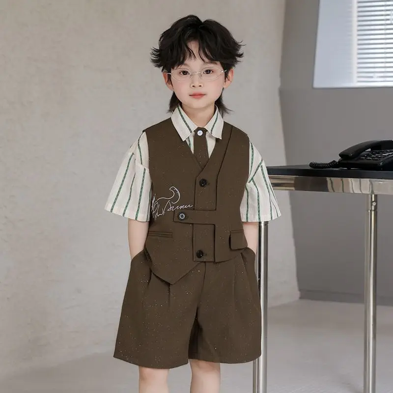 3 PCS set Summer Boy Retro Stripes TShirt+Pants Shorts+Vest Tie Kid Children baby Gentleman Handsome Streetwear Party Clothes
