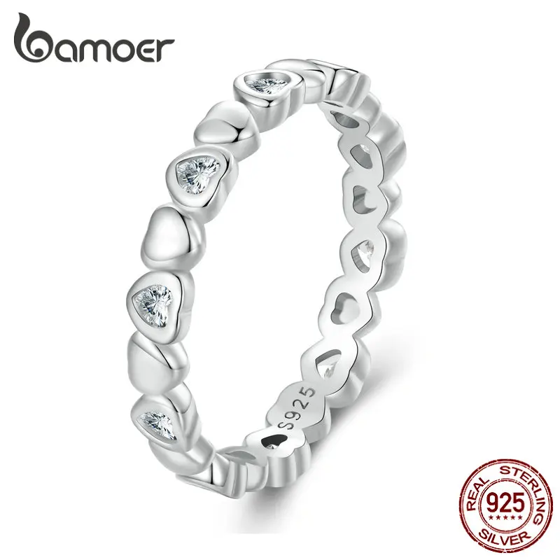 Bamoer 925 Sterling Silver Heart Shape Zircon Finger Ring Platinum Plated for Women Valentine's Day Birthday Gift Fine Jewery