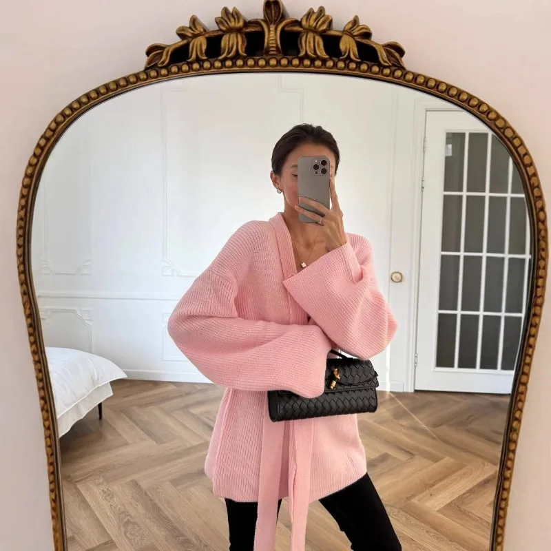A Loose and Laid-back Pink Sweater Jacket, A Mid-length Autumn and Winter New Light Mature Style Loose Lace-up Knitted Cardigan.