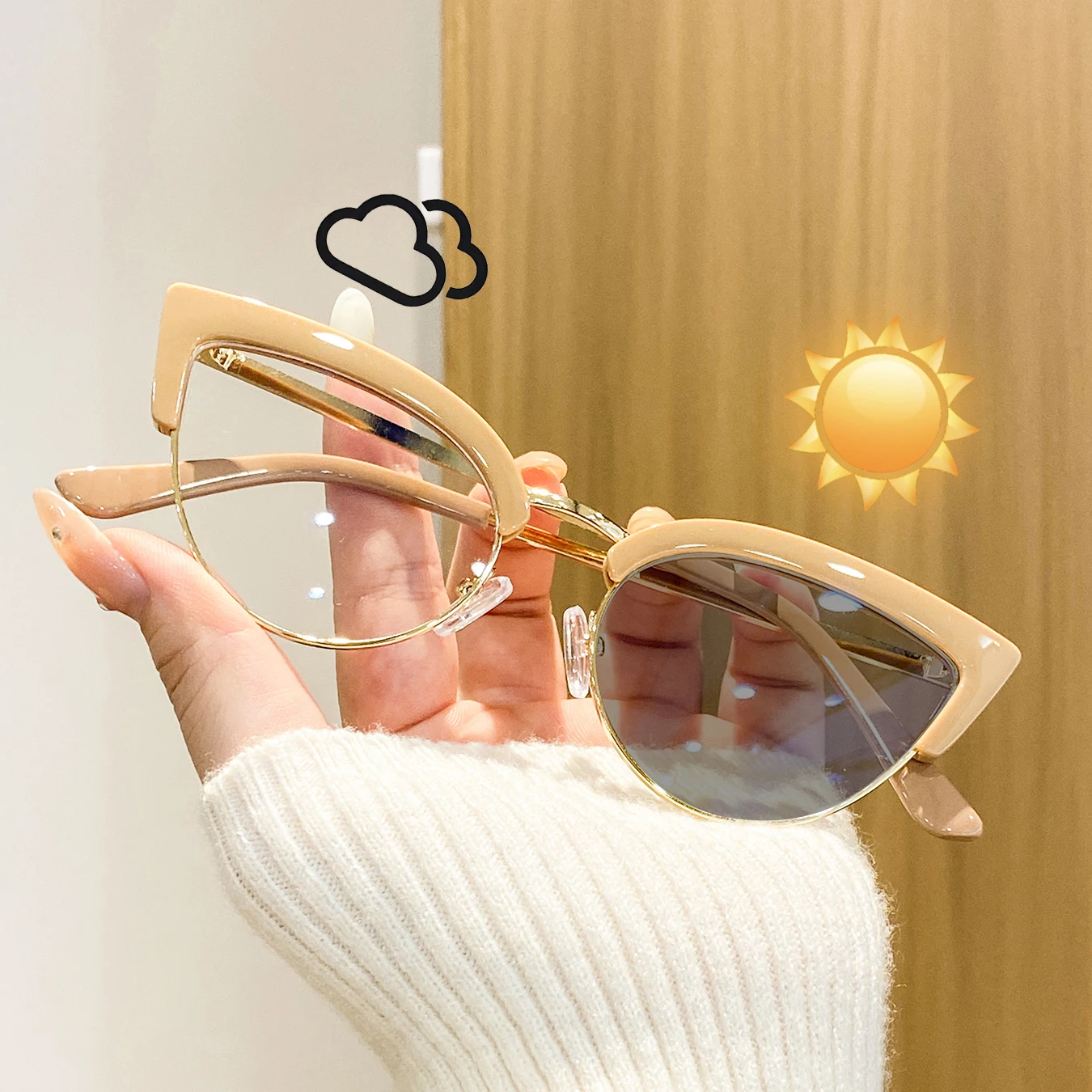 1 Pair of Women's Cat-Eye Eyebrow-Framed Metal Photochromic Glasses, Soft, Sweet, Cool, Elegant, Charming, Romantic, Fashionable Women's Glasses, Suitable for Vacation Trips, Girlfriends' Afternoon Tea Gatherings