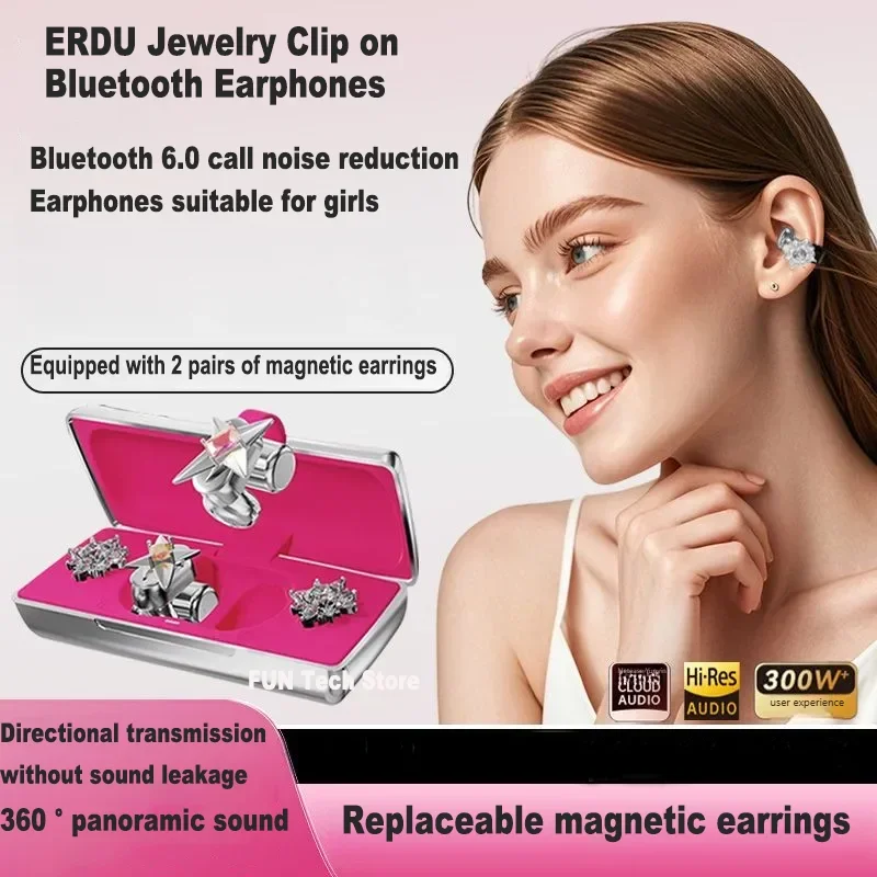 

ERDU Ear Clip Wireless Earphones Magnetic Jewelry Earrings Bluetooth 6.0 Panoramic Sound Fashion Girls Headphones For OOTD Gift
