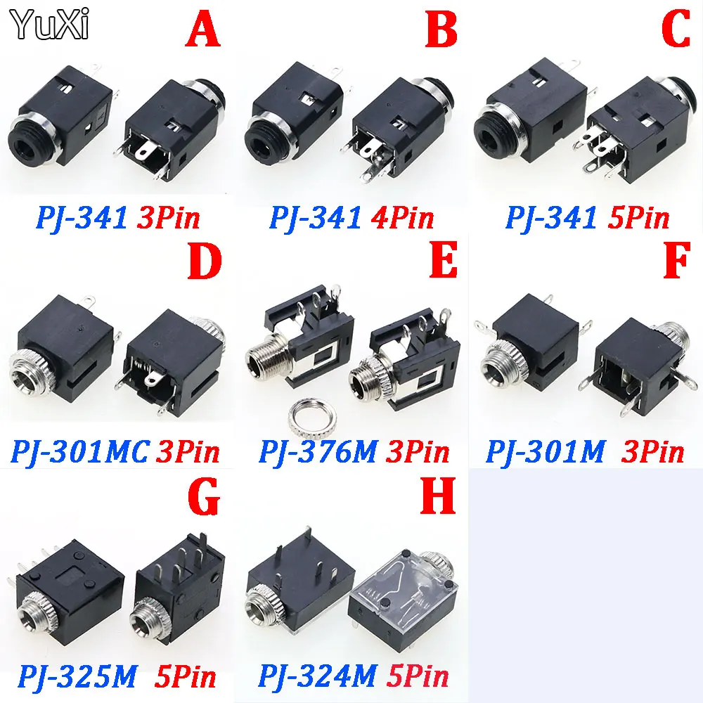 5Pcs 3.5MMStereo PJ341 301 376M 301M 325M Female Sockect Jack with Screw 3.5Audio Headphone Connector PJ-324 Cylindrical Socket