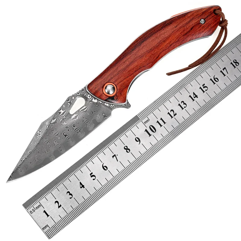 Outdoor portable folding knife Damascus steel sandalwood high hardness and sharp collection to play with exquisite craft knives