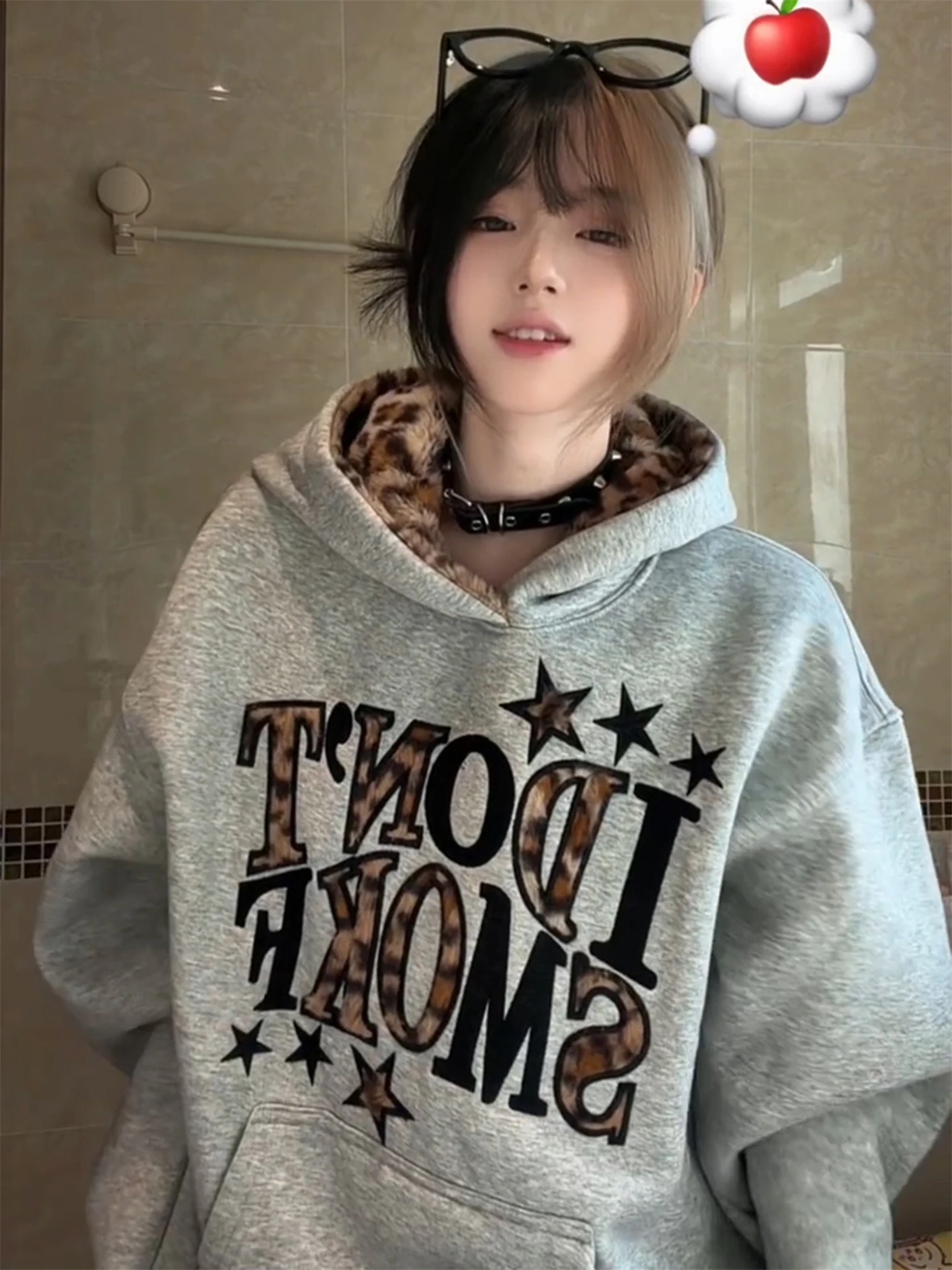 Y2K Grunge Leopard Fur Lined Hoodie Women Gray Star Graphic Print Oversized Aesthetic Casual Streetwear Sweatshirt