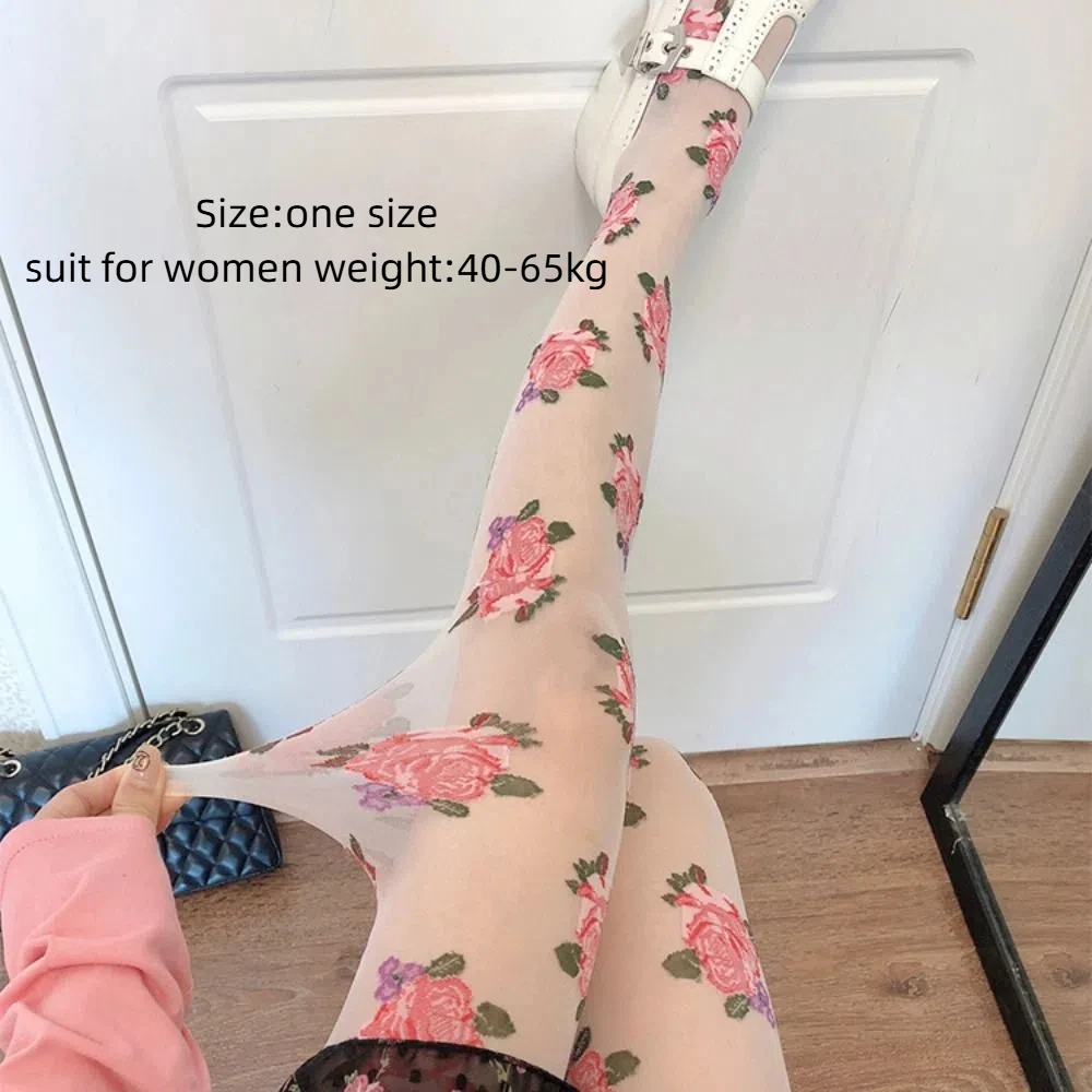 Vintage Embroidery Lolita Stockings Pink/Black Rose Floral Tights Thin Mesh Pantyhose Lady