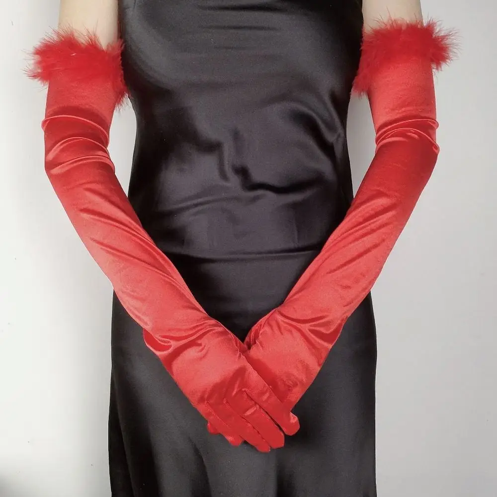 エレガントな女性の長いふわふわ手袋サテンソフト女性のロングミトン快適なヴィンテージフルフィンガーグローブウェディングアクセサリー