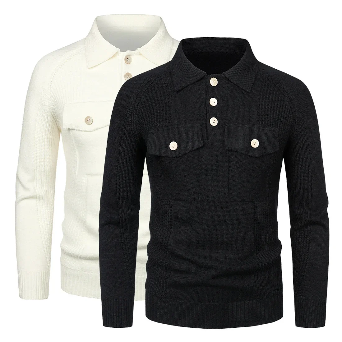 

Men Pullovers Knitted Tops Sweaters Turn Down Collar Full Sleeve Knit Solid Slim Fit Top Splice Casual Regular Autumn Winter New