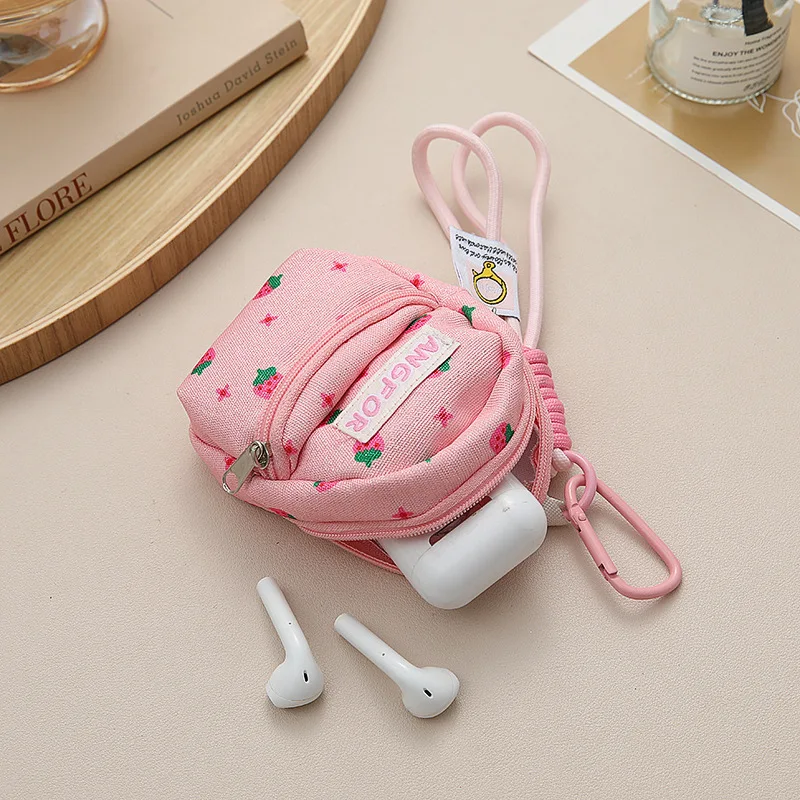 Pink Strawberry Printed Mini Coin Purse Backpack Pendant Anti Loss Key Chain Wallet Portable Multifunctional Earphone Bag