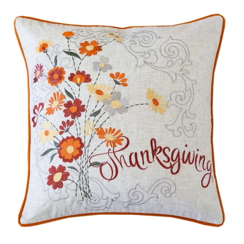 

Thanksgiving Floral Embroidered Pillow – Autumn Harvest Decorative Cushion