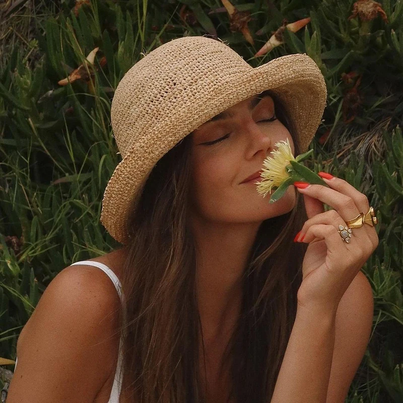 French Vintage Provence Raffia Hat Handmade Crochet Soft Top Sun Hat 10cm Big Brim Straw Ribbon Cloche Bucket Beach Cap Foldable
