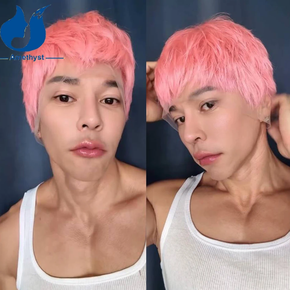 Amethyst Pink Color Short Boy Cut Wig Pre Styled Real Human Hair Remy Full Transparent Lace Pre Plucked for Men with Bangs