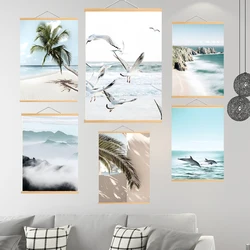Wood Hanging Scroll Painting Sea Reef Beach Seagull Tree Bridge Palm Tree Poster Print Wall Art Canvas Painting Living RoomDecor