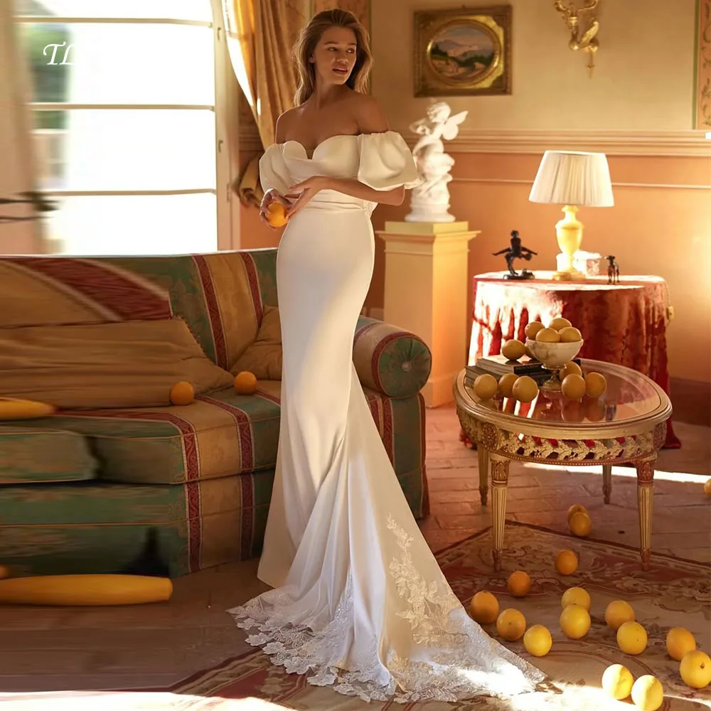 TLIT Classic Ivory Silk Satin Wedding Dresses Customized Sweetheart Off the Shoulder Sweep Train Lace Decoration Bridal Gowns