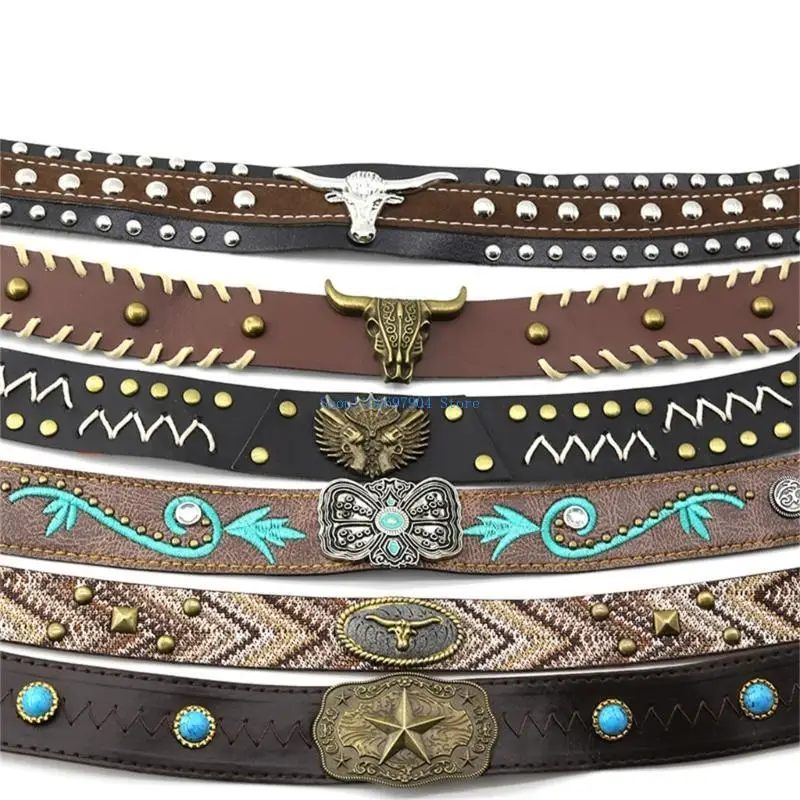 N7YF العرقية الغربية قبعة أحزمة راعية البقر قبعة رعاة البقر حزام قبعة جلدية الفرقة استبدال للحزب اليومي التعادل الخلفي قبعة