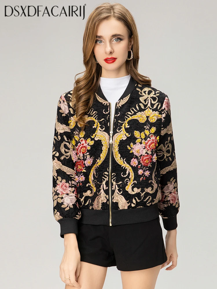 

DSXDFACAIRIJ Vintage Jacquard Jacket for Women O-Neck Long Sleeve Pockets Beading Fashion Autumn Female