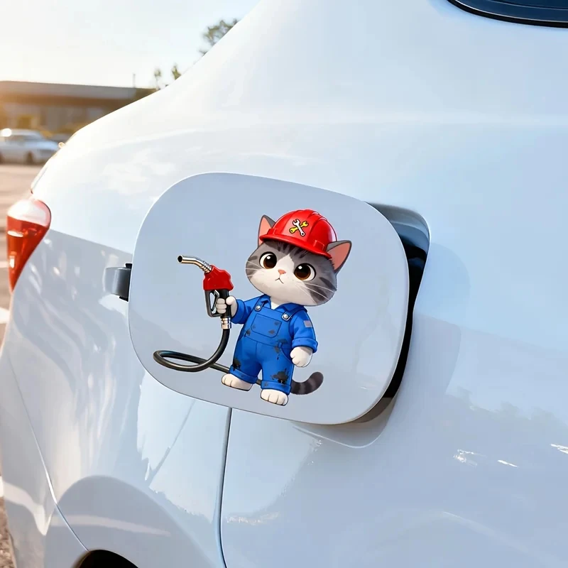 Lustiger Katzen-Klebefolienaufkleber für Autos – Blauer Overall, roter Hut, Kraftstofftank-Aufkleber, PVC, selbstklebend, abnehmbar, wasserdicht, Auto-Dekoration