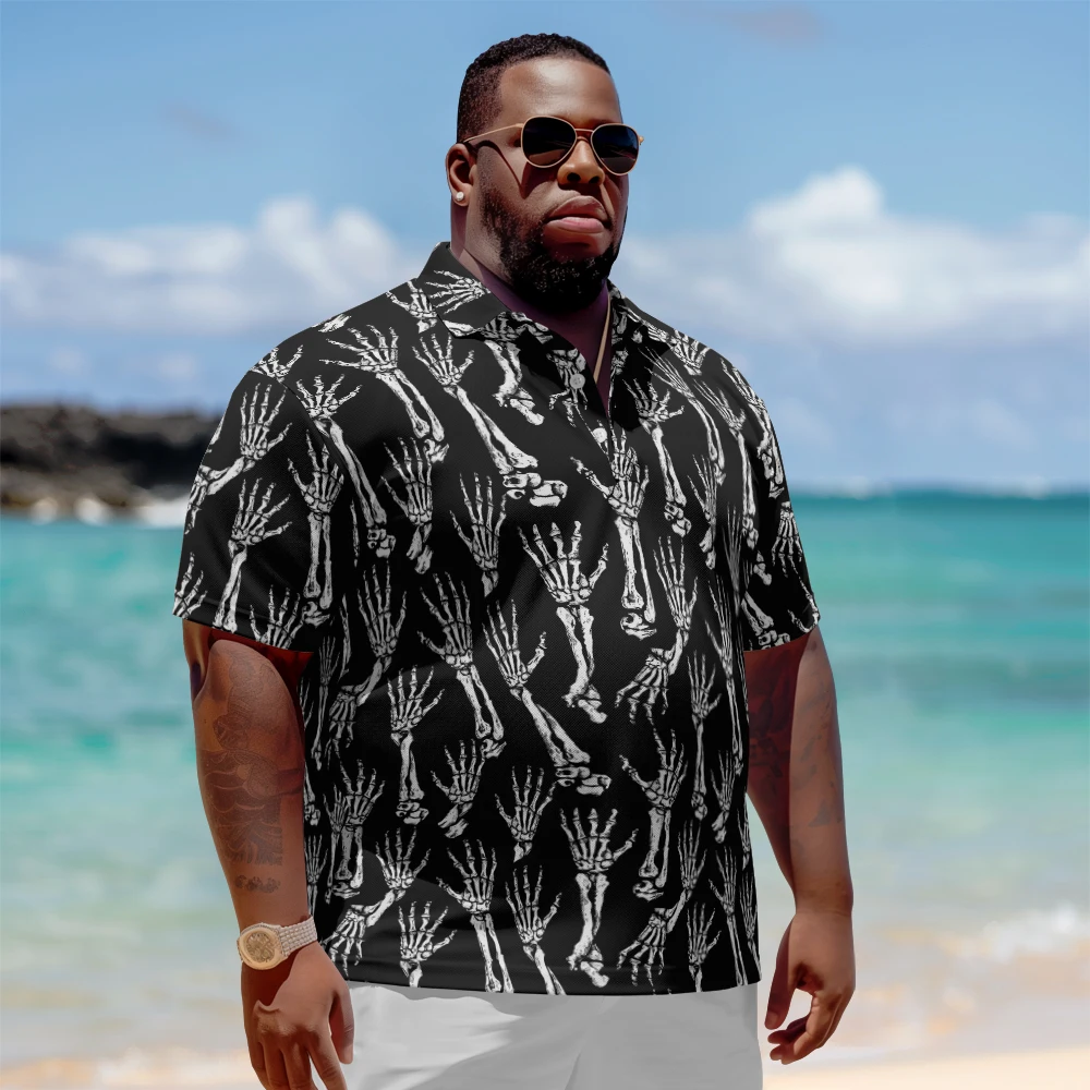 

1 men's plus size polo shirt with summer black palm print casual lapel button suitable for shopping and golf