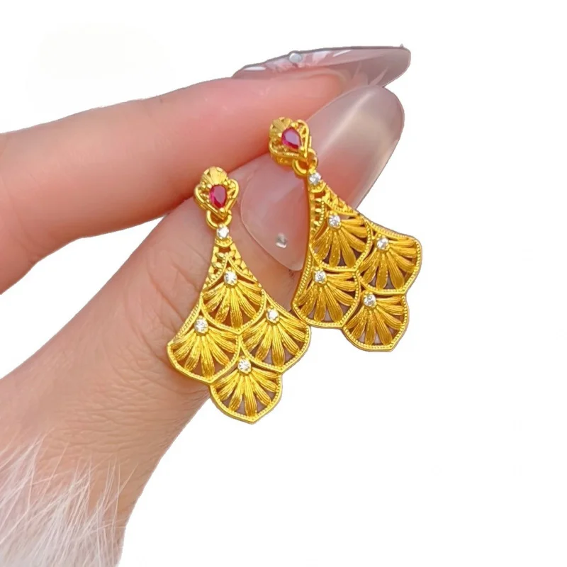 Shop Style 999 Gold Dot Diamond, Flourishing Flower, Fan-Shaped Skirt, Earrings, New Chinese Style Jewelry, Filigree Hollow Out