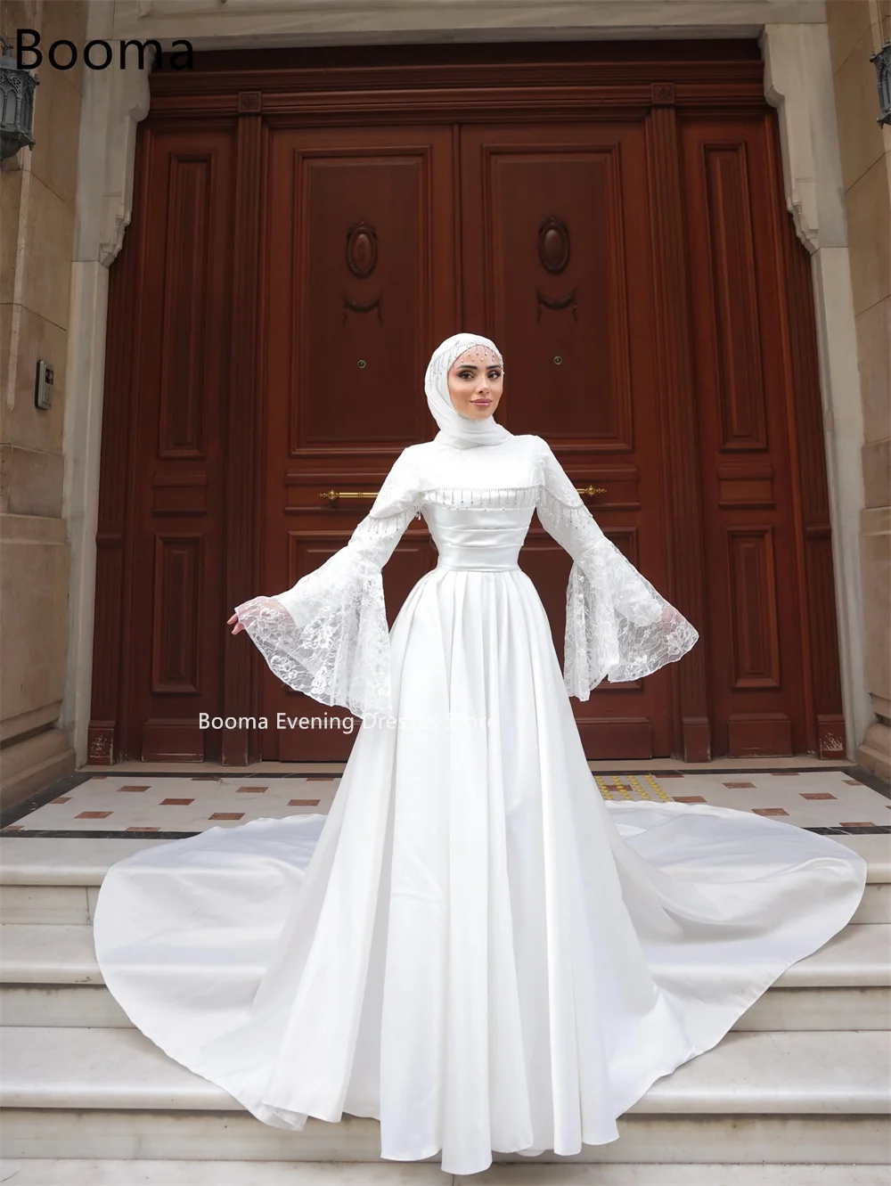 Booma Elegante A-lijn Lange Plooi Kristallen Jurken Formele Feestjurken voor Vrouwen Lange Mouw Eenvoudige Prom Gown Aanpassen