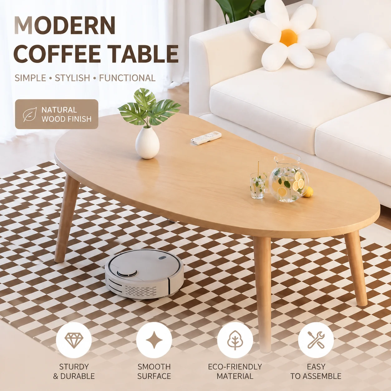 Mango-Shaped Oval Coffee Table – 70x40cm Wooden Accent Table for Living Room, Easy Assembly