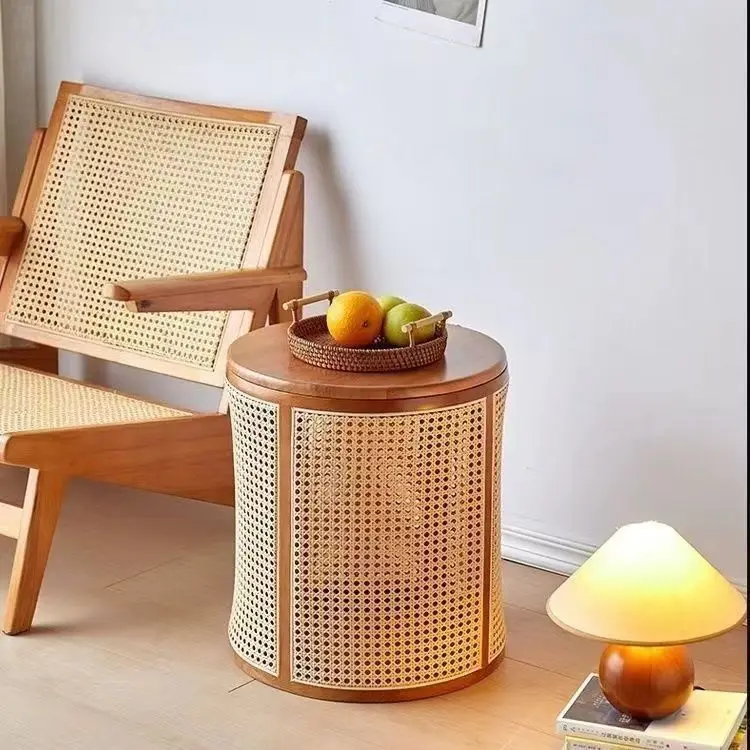 Rattan solid wood Japanese-style living room storage bedside table household sofa simple table paper basket round coffee table