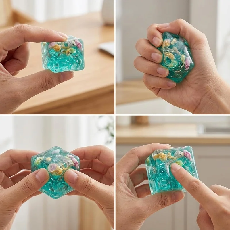 Glitter Ocean Themed Squishy Sea Creature Shell Cube Daisy Decor Silicone Squeeze Ball Anti Pressure Ocean Sensory Fidget Toys