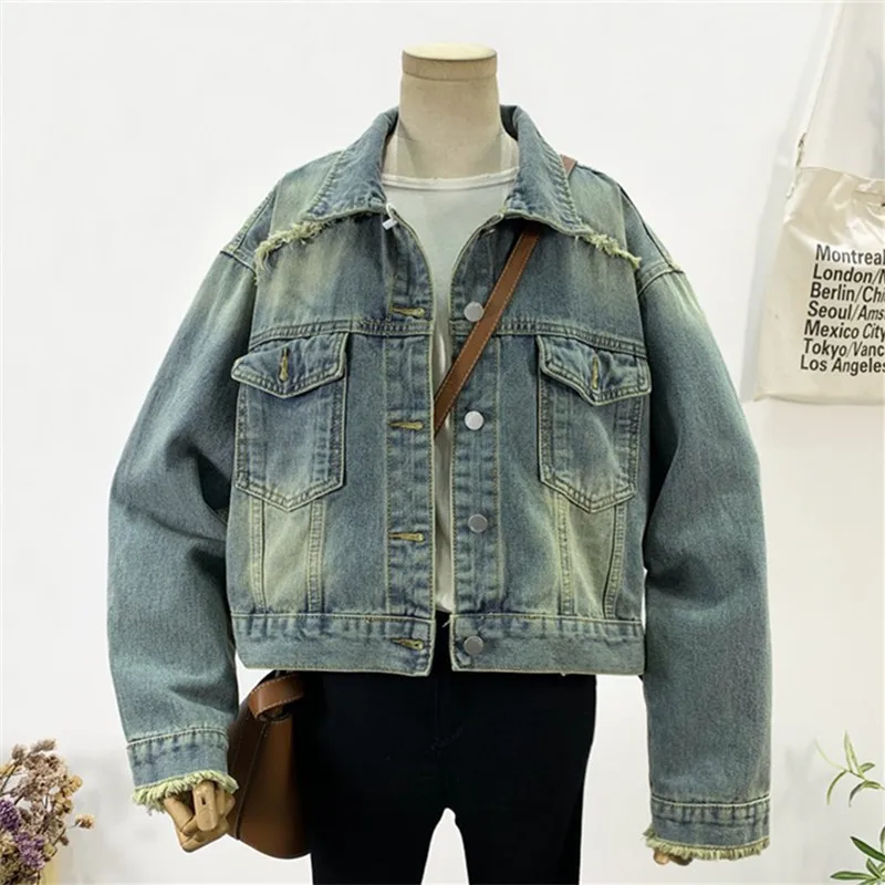 

Spring Autumn Vintage Blue Big Pocket Denim Jacket Women Loose Short Cowboy Outerwear Harajuku Frayed Jeans Jacket Coat Female