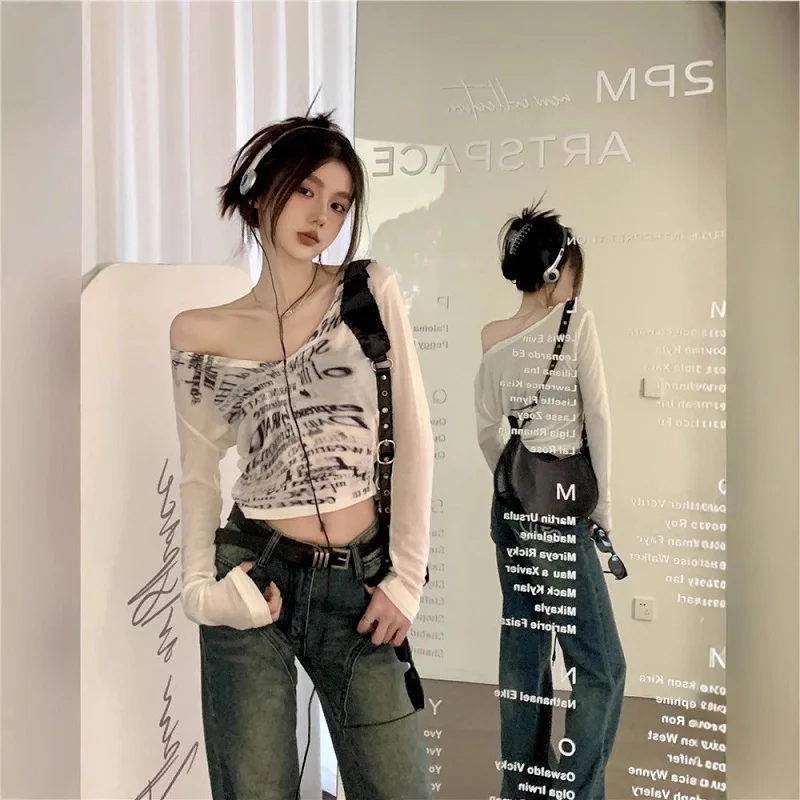 تي شيرت American Spice Girl بأكمام طويلة تي شيرت نسائي صغير للربيع والصيف مع قميص أساسي بتصميم نحيف مع قطع علوية قصيرة قصيرة #4