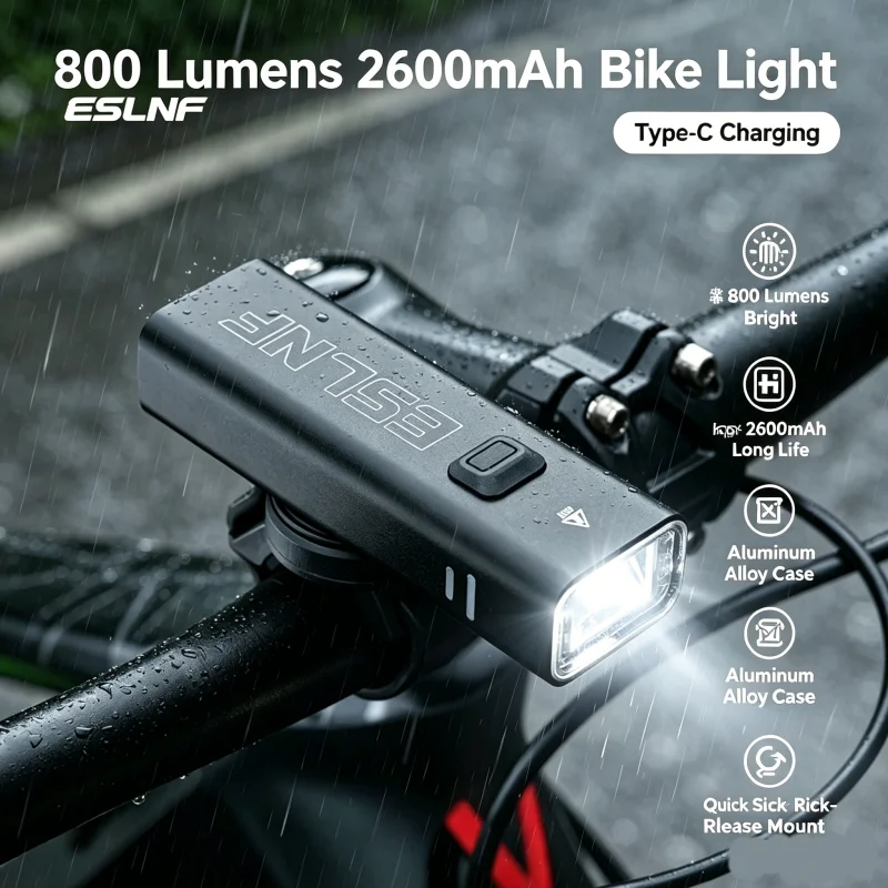 ESLNF 800LM Bicycle Headlight Type-C Charging LED Cycling Front Lamp Aluminum MTB Road Bike Light