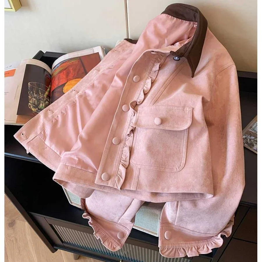 Pink Suede Short Jacket Women's Fashion Autumn 2026 Turn-down Collar Wooden  Flounce Casual Style Standard Fit Polyester ...
