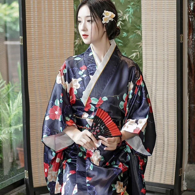 Sexy Yukata with Obi Loose Casual Sleepwear Satin Printed Home Clothes Spring Autumn Nightwear Women\'s Bathrobes Kimono Gown