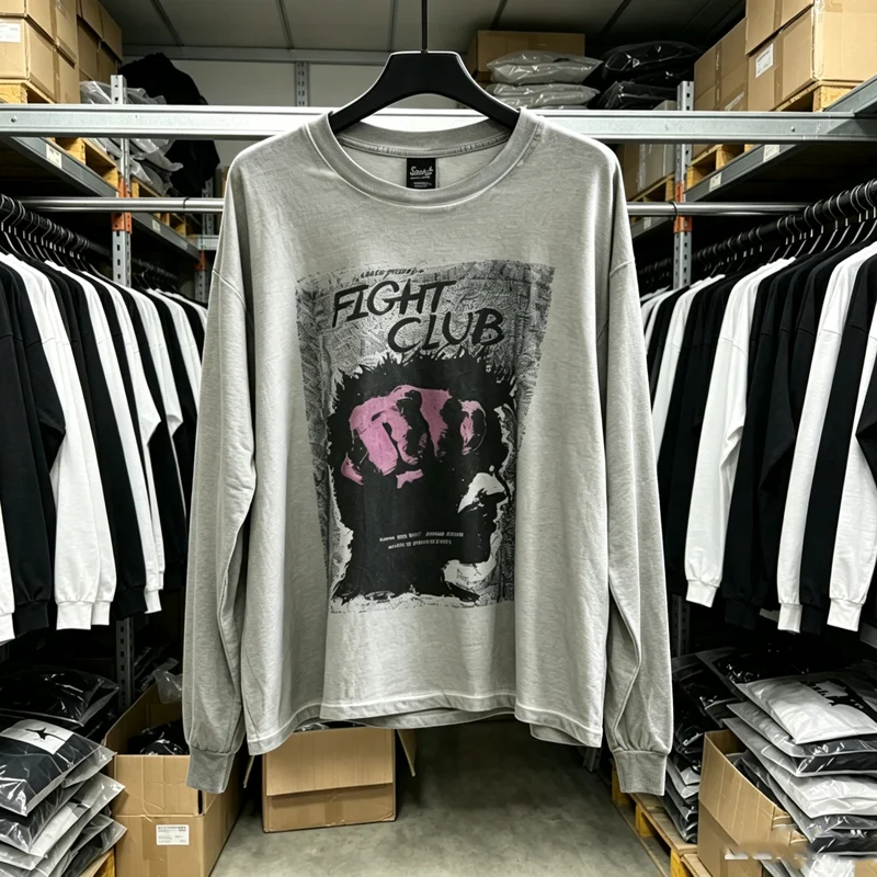 Washed Long Sleeve Fight Club T Shirt Men Women Saint Streetwear T-shirt High Quality Loose Cement Gray Cotton Tops Tee