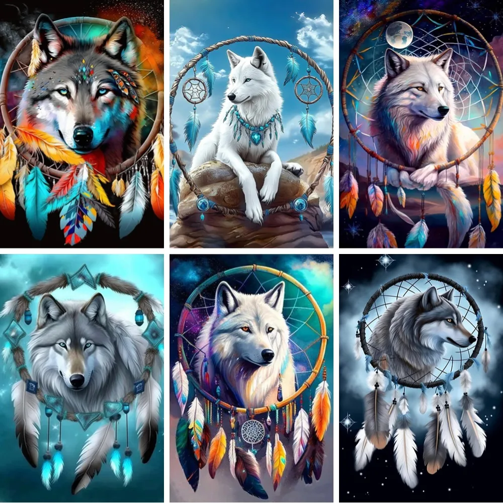 

Diamond Painting Kits With Round Diamonds White Wolf Dream Catcher Suncatcher Full Drill Embroidery Needlework Mosaic Kit