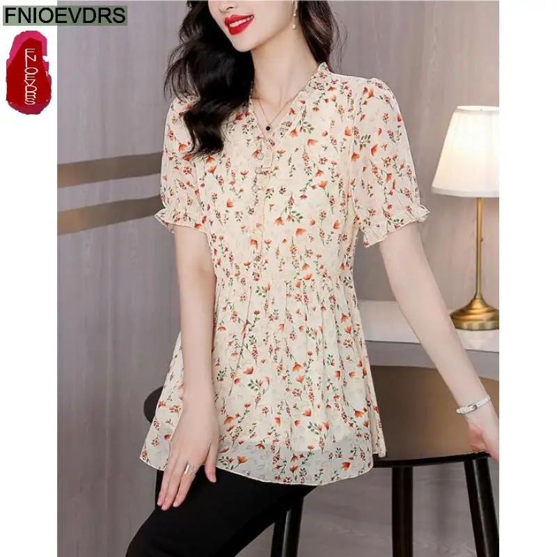 M-4XL Loose Clothes 2024 Summer Ruffles Tops Short Sleeve Women Basic Wear Office Lady Flower Floral Print Peplum Shirts Blouses