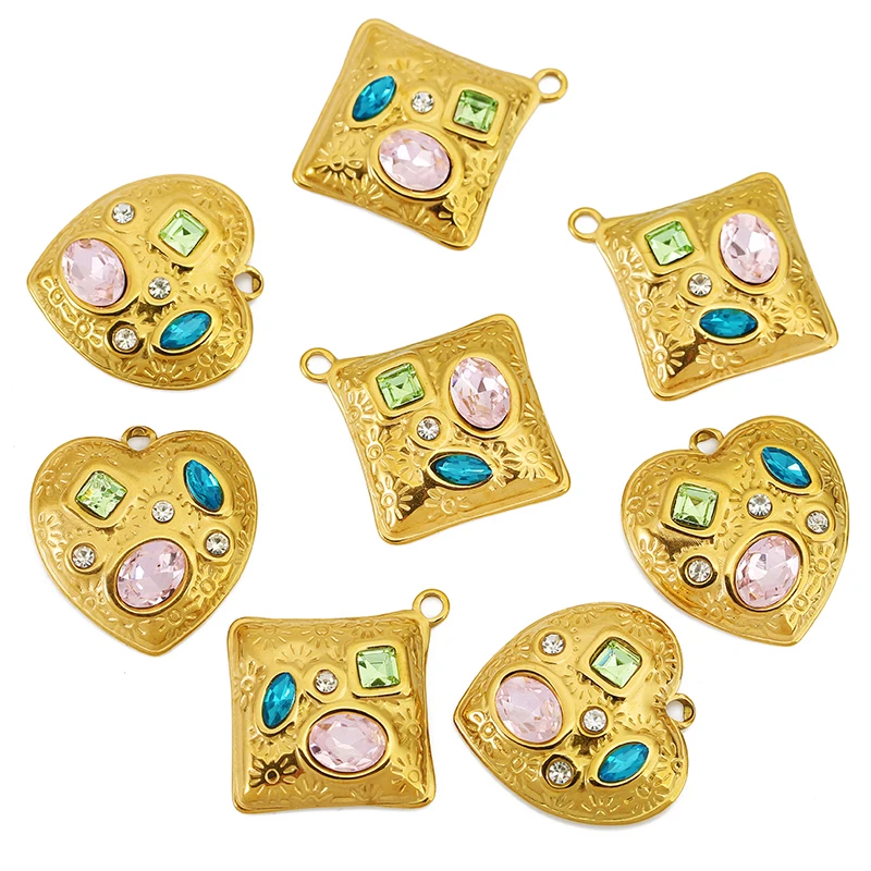 

4pcs Stainless Steel Colorful Zircon Square Heart Charms Pendant for DIY Necklace Bracelet Jewelry Making Accessories Finding