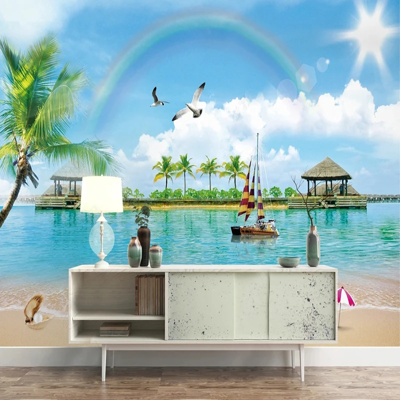 Custom 3D Photo Wallpaper 3D Mediterranean Beach Rainbow Scenery Mural For Living Room Bedroom Background Wall Papel De Parede