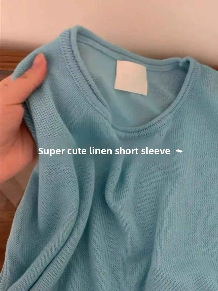 

Blue Ice Silk Льняной круглый вязаный свитер Ne ort Sve Женский топ Летний корейский Sle Commute Regular Тонкая шерсть