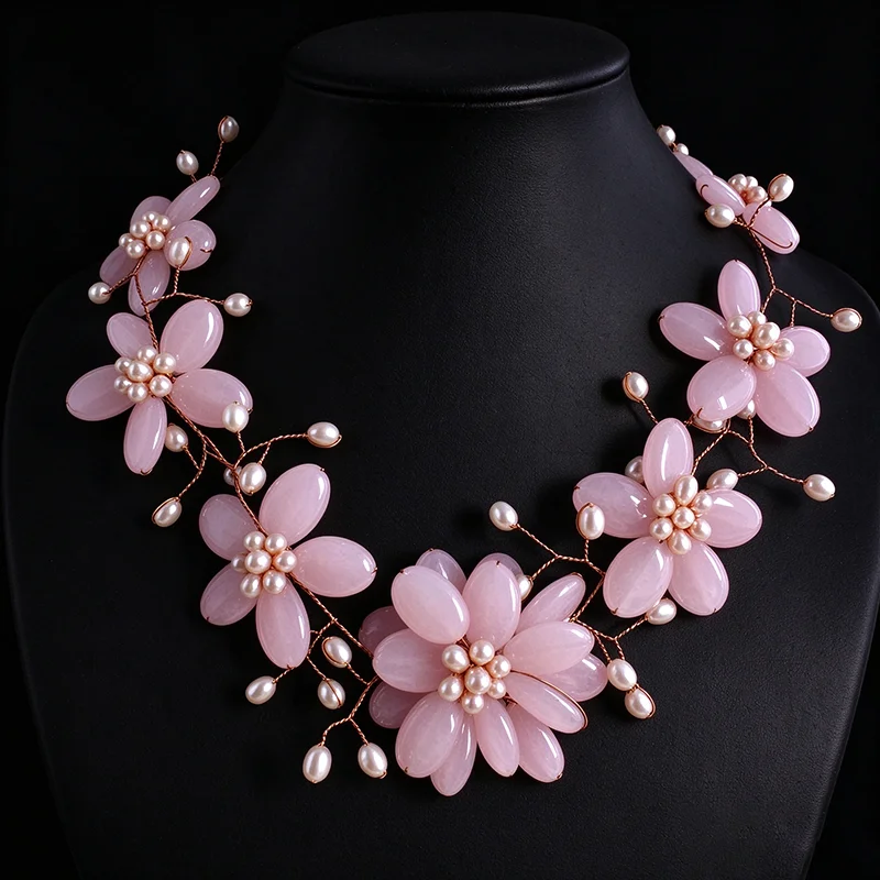 beautiful pink Natural stone wrap flower necklace by hand 20