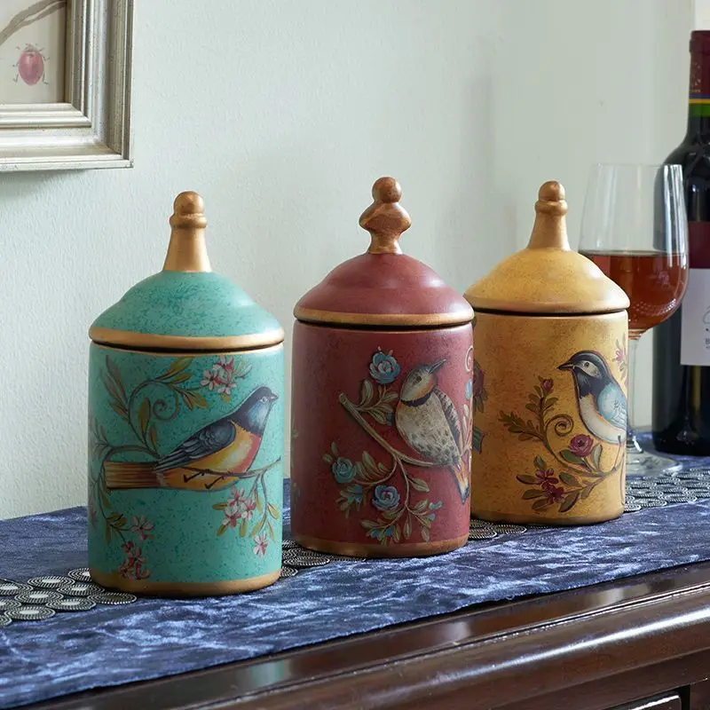 

Vintage Ceramic Storage Box Kitchen Organizers Sugar Tea Can Enamel Moisture-proof Home Storage Jar Antique Household Ornament