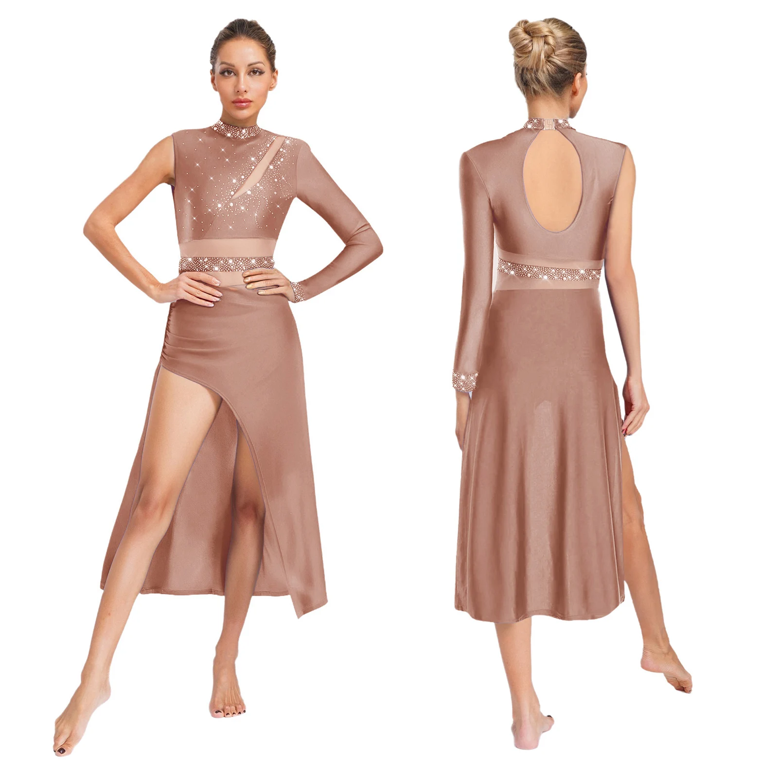 

Women Lyrical Dance Leotards Dress Asymmetrical Sleeve Slit Hem Rhinestones Bodysuit Dress for Skating Jazz Modern Dance Costume