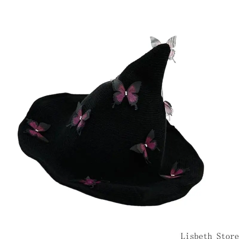 124A Themed Halloween Hat Knitted Witch Hat Butterfly Charm Adult Party Wear for Fashion Statements