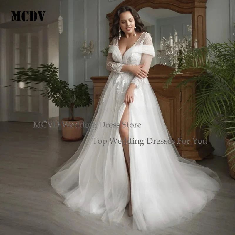 

MCDV Modern Plus Size Wedding Dress Customized Deep V Neck Zipper Bride Gowns Tulle A Line Beading Applique Vestidos de Novia