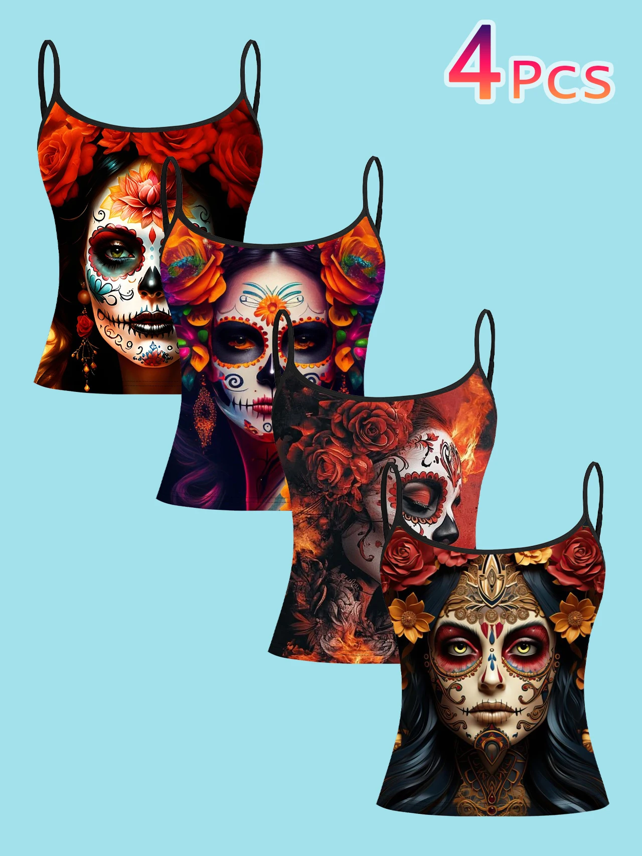 4-Piece Set of Mexican Day of the Dead Rose Sugar Skull Beauty Print Camisole for Women, Halloween Vintage Spaghetti Strap Slim-Fit Inner Top