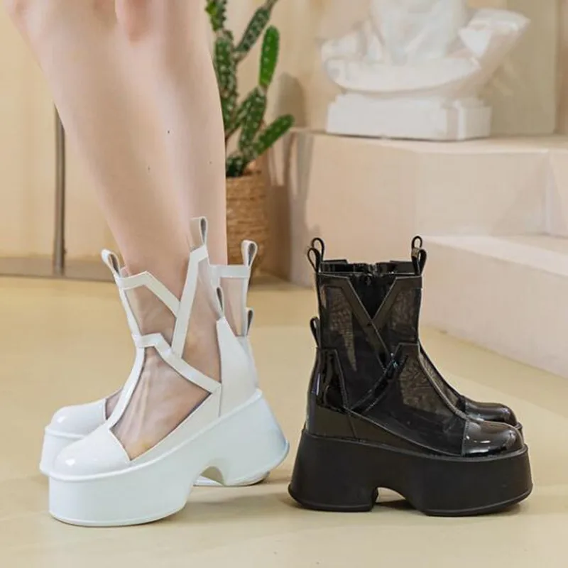 11cm 2026 Air Mesh Genuine Leather Synthetic Breathable Platform Chimney Hollow Fashion Summer Mid Calf Ankle Boots Women Shoes
