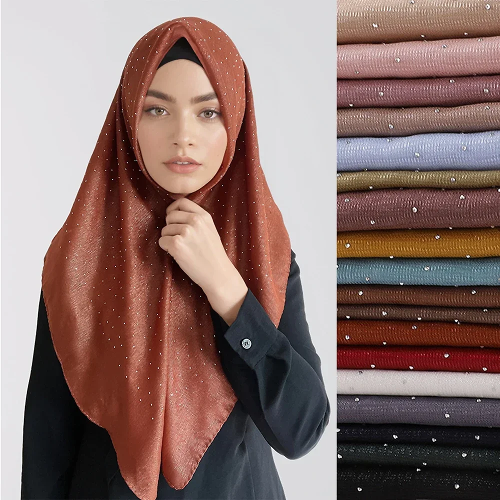 

Malaysia Square Hijab for Women Satin Imitation Silk Scarf Gipsophila Hot Drilling Indonesia Wrapped Turkey Foulard New