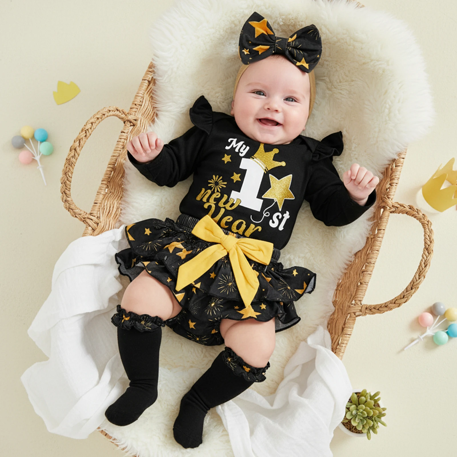 Baby Girl my first new year Outfit Letter Print Long Sleeve Romper Bow Layered Ruffled Skort Stockings Bow Headband 4 Pcs Set